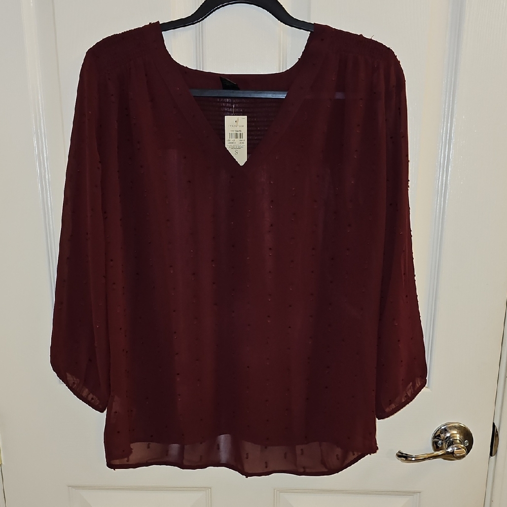 Ann Taylor Women’s V-Neck Sheer Blouse in Burgundy